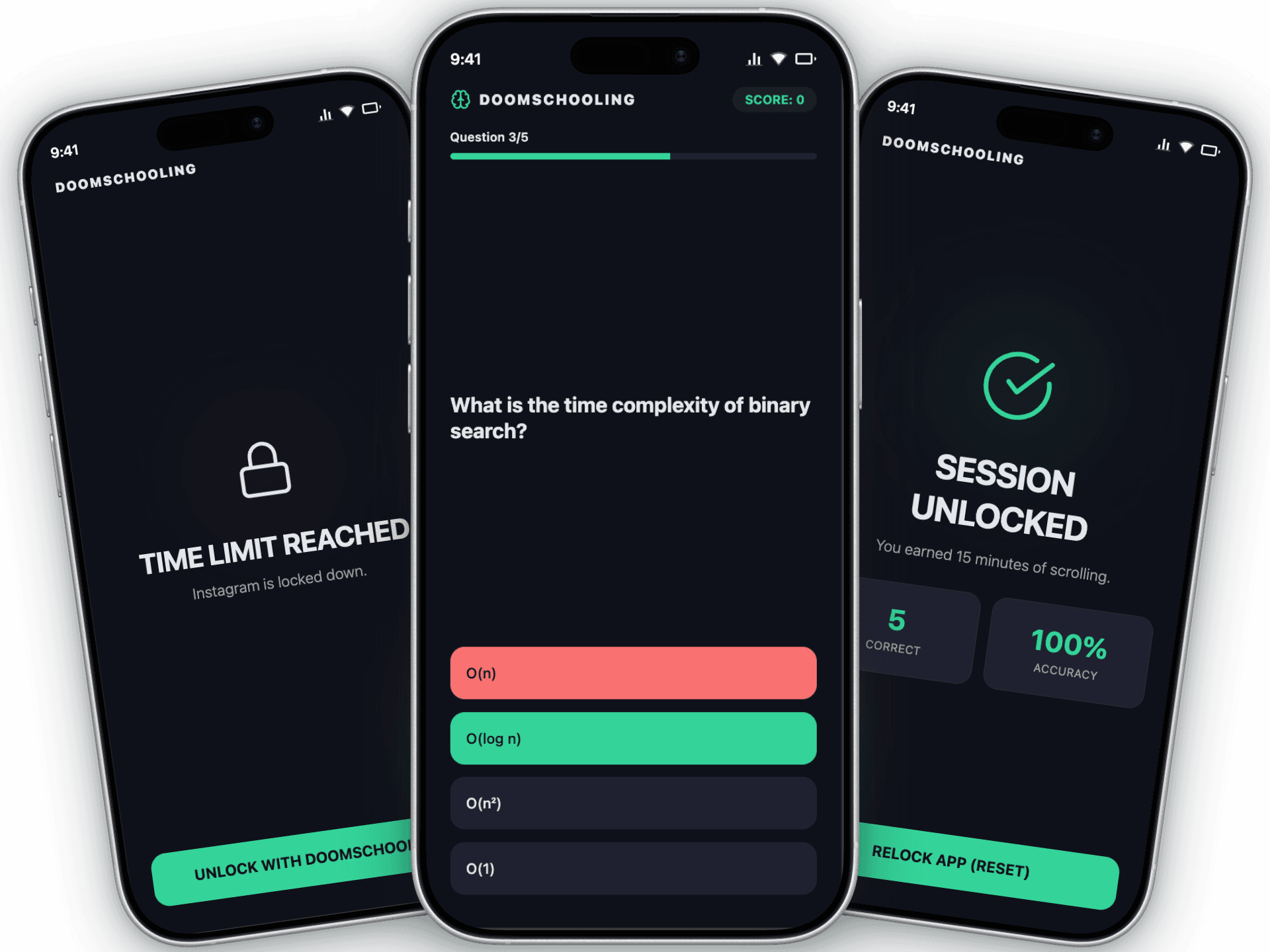 DoomSchooling app screens — Time Limit, Quiz, and Session Unlocked
